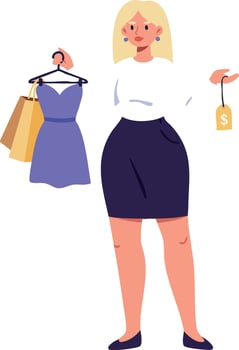 Woman holding purple dress and shopping bags with price tag illustration vector