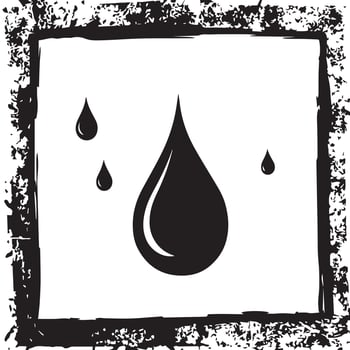 Bold water drops inside a grunge distressed black frame border on white background, perfect for posters, banners, eco projects, digital artwork, creative designs, and print materials. vector