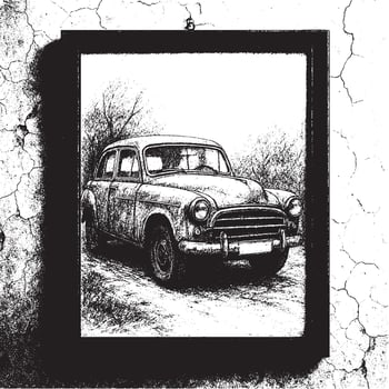 Vintage car sketch framed on a cracked grunge wall in black and white style, perfect for retro posters, antique designs, wall art, nostalgic projects, digital artwork, and classic themes. vector