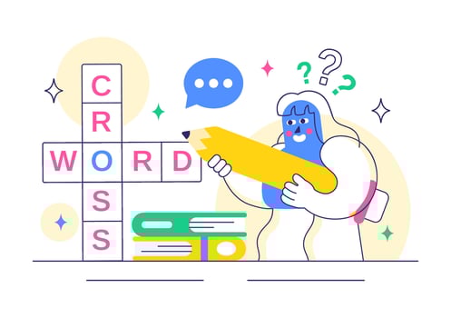 Crossword puzzle and character with pencil vector