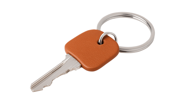 A single house or office key with a brown leather fob, symbolizing security, access, and property png