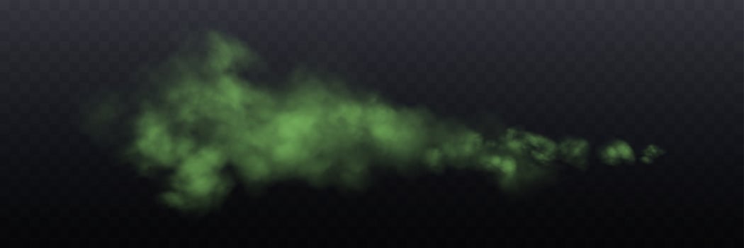 Realistic long green smoke cloud, haze, mist overlay effect on a dark background. Hot fire and flame, magic fog, vapor. Abstract illustration vector
