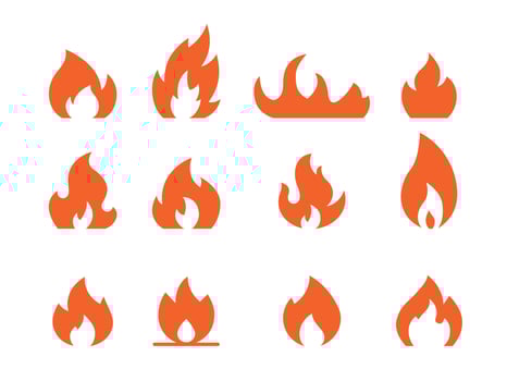 Fire icons set. symbols featuring flame, bonfire, fireplace, candle, lighter, torch, spark, smoke, and safety signs. Ideal for apps, web, UI, infographics, and print vector