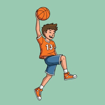 Young basketball player shooting a hoop with an orange ball. vector