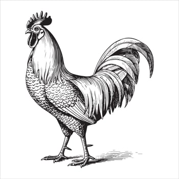 Detailed black and white illustration of a proud rooster bird fowl vector
