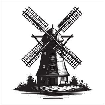 Traditional Dutch windmill with sails and surrounding landscape architecture building vector