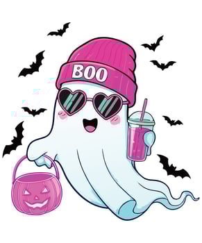 Cute Ghost in Pink Hat with Halloween Treats vector