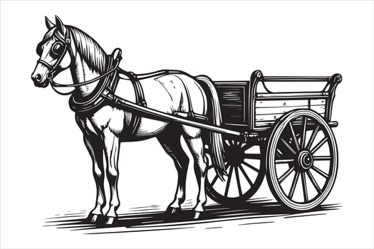 Horse pulling a wooden cart wagon carriage vector