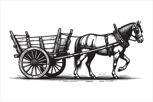 Horse pulling wooden cart wagon carriage vector