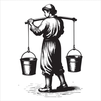 Person carrying buckets on shoulders pole vector