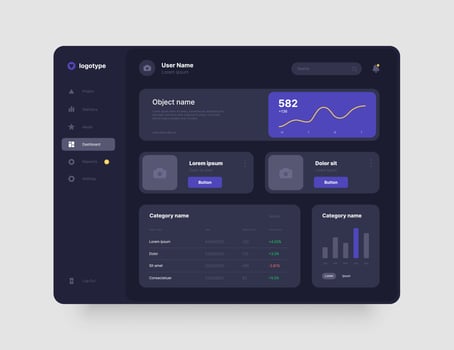 App interface with UI and UX elements. Dashboard design in dark colors. Use design for web application, desktop or mobile app. vector
