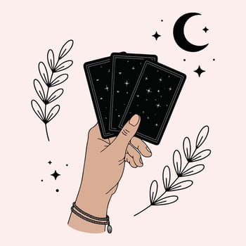 a hand holding a tarot card and a crescent moon vector