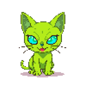 Pixelated Green Alien Cat with Bright Blue Eyes png