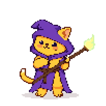 Pixel Art Wizard Cat with Glowing Staff and Purple Robe png