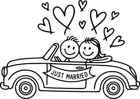 joyful just married car with cartoon couple inside vector