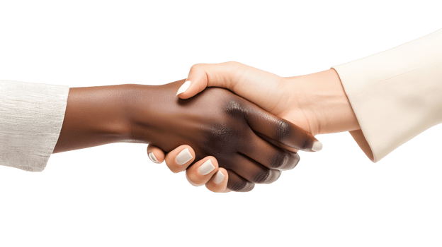 Firm handshake of two multiracial diversity businesswomen symbolizes partnership, agreement, and collaboration isolated on transparent background png