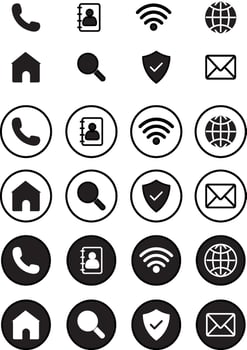 contact us line and solid icons set style, call, location, website, mail, communication, mobile, call center, location mobile app, vector