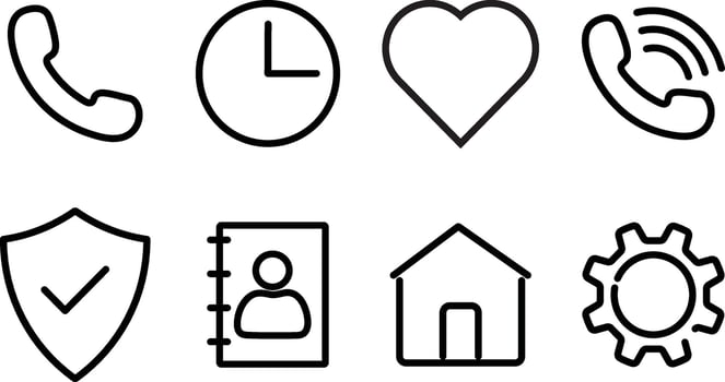 contact social media icons set, Business card, Home, Phone, Location, simple black style symbol sign for apps, vector