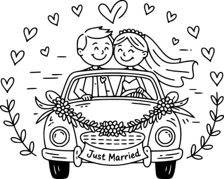 vintage just married car with happy bride and groom cartoon vector