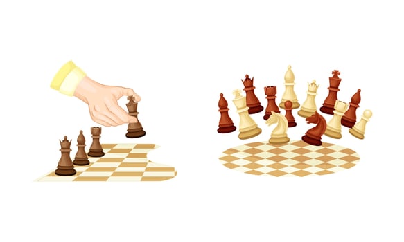 Chess pieces on chessboard set. People playing intellectual strategic board game illustration vector