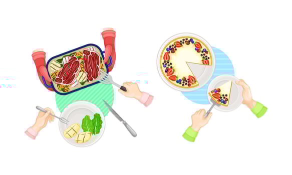 Top view of tasty dishes and human hands set. People having dinner at home or in restaurant illustration vector