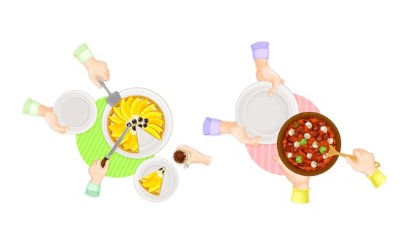 Top view of tasty dishes and human hands set. People having dinner in restaurant illustration vector