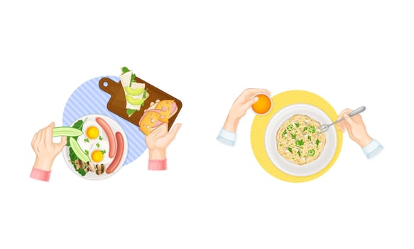 Tasty dishes and human hands set. Top view of people having breasfast or dinner at home or restaurant illustration vector