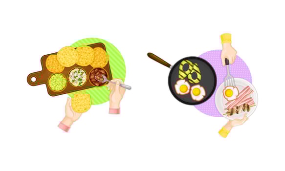 Tasty dishes and human hands set. Top view of people having breasfast at home or in restaurant illustration vector