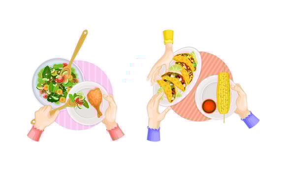 Top view of tasty dishes and hands of people having dinner at home or in restaurant set illustration vector