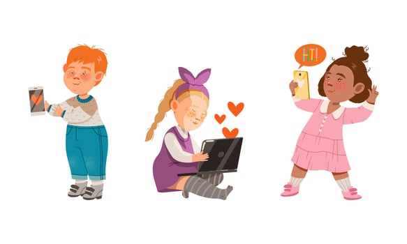 Adorable kids using modern gadgets set. Children playing game and watching cartoon illustration vector