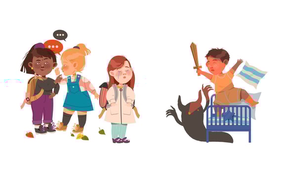 Childhood fears set. Little boys fighting with scary monsters, classmates bullying stressed crying girl illustration vector