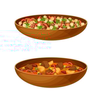 Turkish cuisine national dishes set. Stewed beans and vegetables on plates illustration vector
