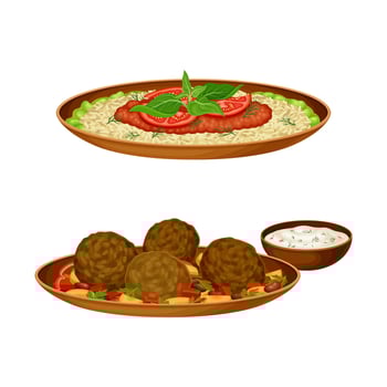 Turkish cuisine national dishes set. Rice and meatballs on plates illustration vector