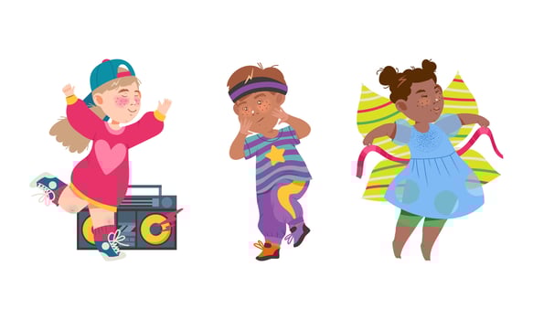 Cute children performing classical and modern dances set cartoon illustration vector