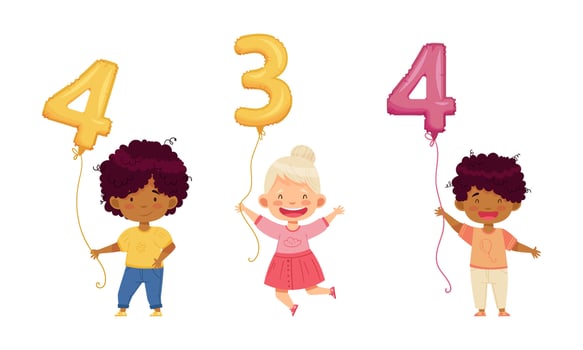 Cute kids holding 4,3,4 number shaped balloons set. cartoon illustration vector
