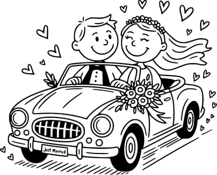 newlywed couple driving away in vintage just married car vector