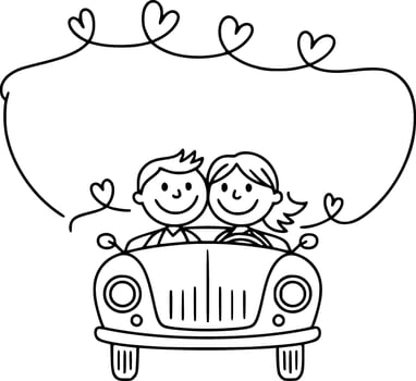 charming just married car scene with bride holding bouquet and smiling groom vector
