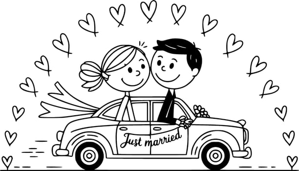 whimsical bride and groom riding in just married car with floral decorations vector
