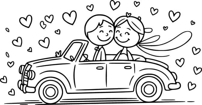 romantic just married car with bride and groom driving away surrounded by hearts vector