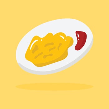 Omelette with ketchup on a white dish isolated on a yellow background. vector