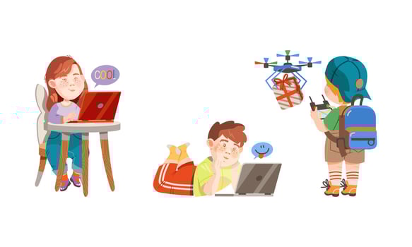 Cute kids with modern gadgets set. Boys and girl using laptop computer and quadrocopter cartoon illustration vector