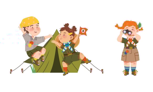 Scouting kids set. Boy and girl wearing uniform and neckerchiefs camping and looking through binoculars cartoon illustration vector