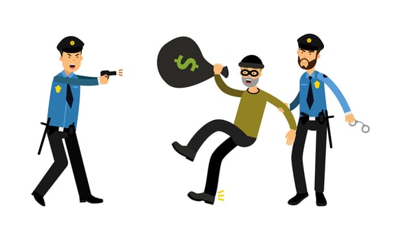 Police officers arresting criminal. Policeman catching thief cartoon illustration vector