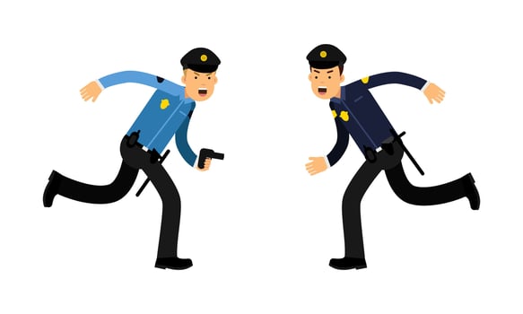 Police officers running with gun. Policeman trying to catch criminal cartoon illustration i vector