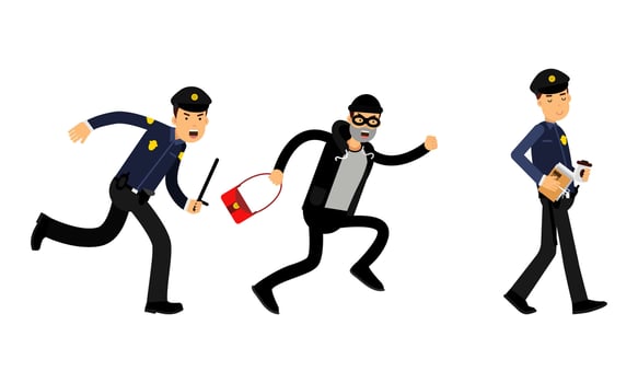 Police officer trying to catch criminal. Policeman at work cartoon illustration vector