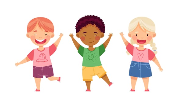 Cute kids standing together waving their hands cartoon illustration vector