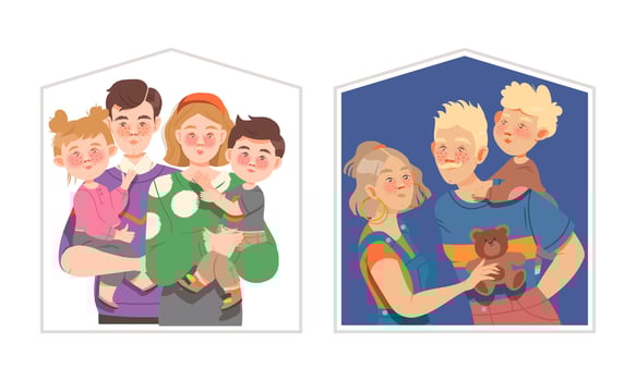 Happy families looking out of windows of house set cartoon illustration vector