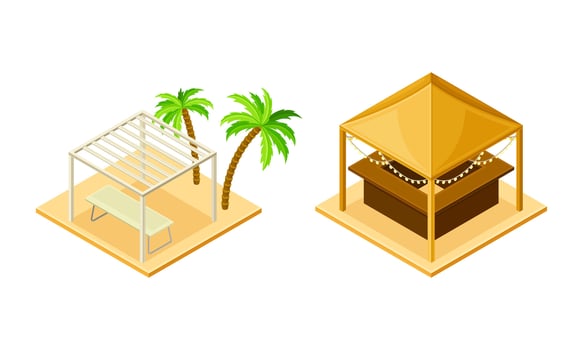 Summer vacation beach objects set. Gazebo, palm trees and deck chairs isometric illustration vector