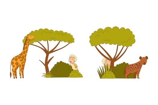 Little Boy and Girl Traveler Visiting Tropical National Park Sitting in Bush Watching Giraffe and Hyena Illustration Set vector