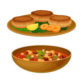 Stewed Beans with Chickpea and Carrot and Patty Cakes as Egyptian Dish Illustration Set vector